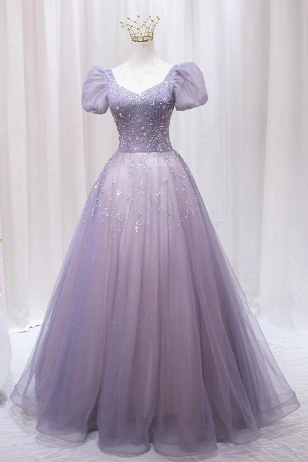 Purple Tulle Beaded Long Formal Dress Cute A-Line Evening Dress