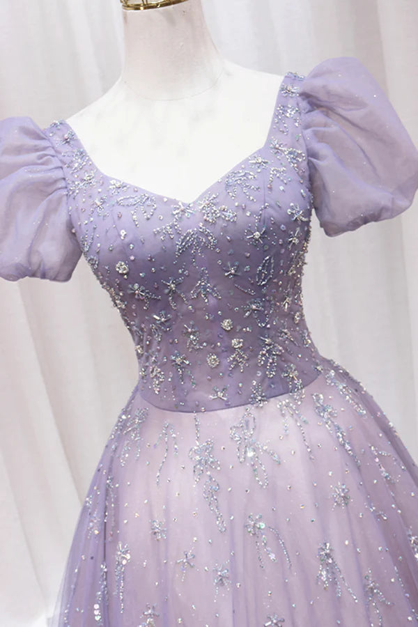 Purple Tulle Beaded Long Formal Dress Cute A-Line Evening Dress