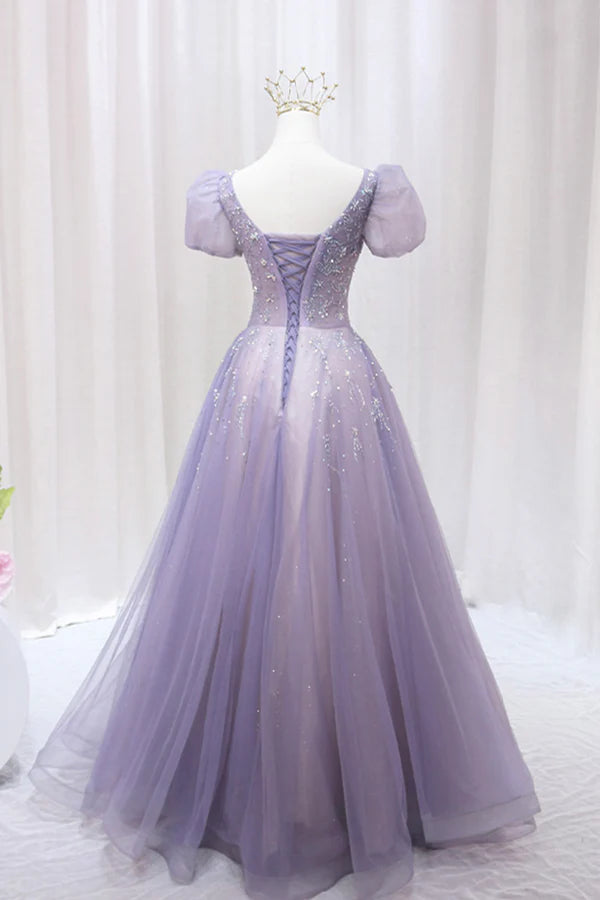 Purple Tulle Beaded Long Formal Dress Cute A-Line Evening Dress
