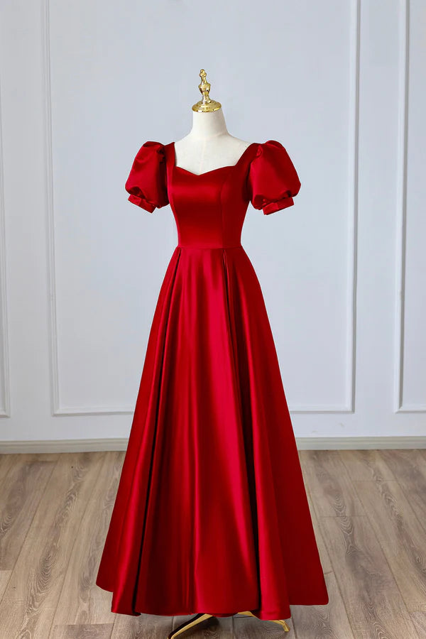 Red Satin Long Prom Dress Simple A-Line Short Sleeve Evening Party Dress