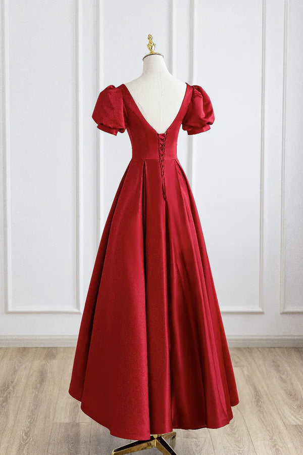Red Satin Long Prom Dress Simple A-Line Short Sleeve Evening Party Dress