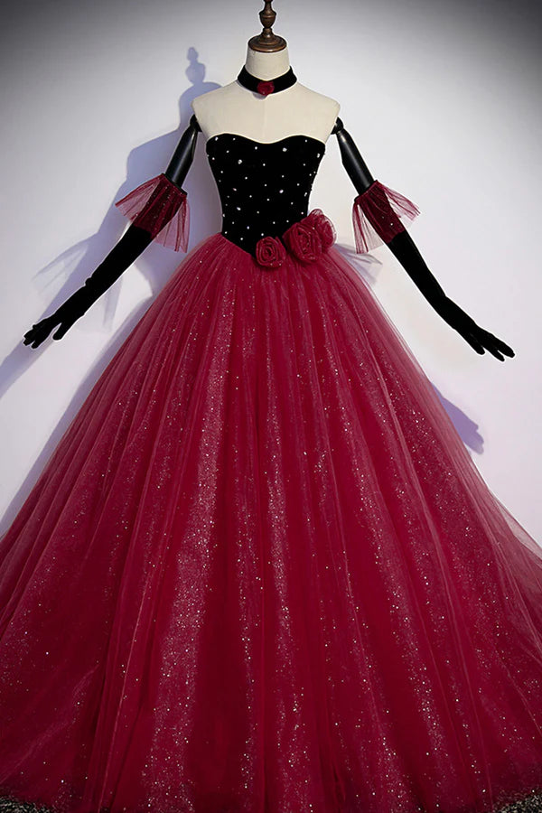 Burgundy Strapless Tulle Long Prom Dress A-Line Evening Party Dress