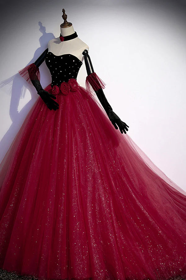 Burgundy Strapless Tulle Long Prom Dress A-Line Evening Party Dress