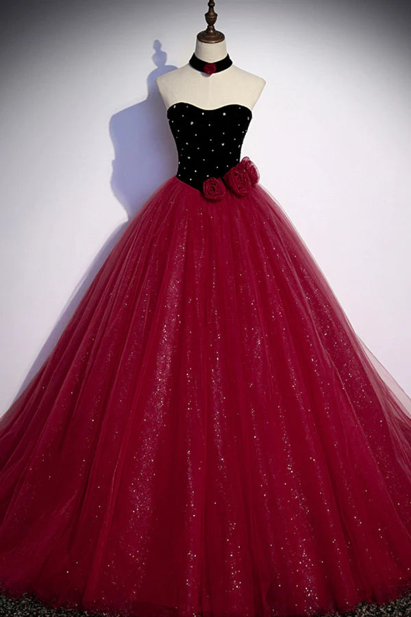 Burgundy Strapless Tulle Long Prom Dress A-Line Evening Party Dress
