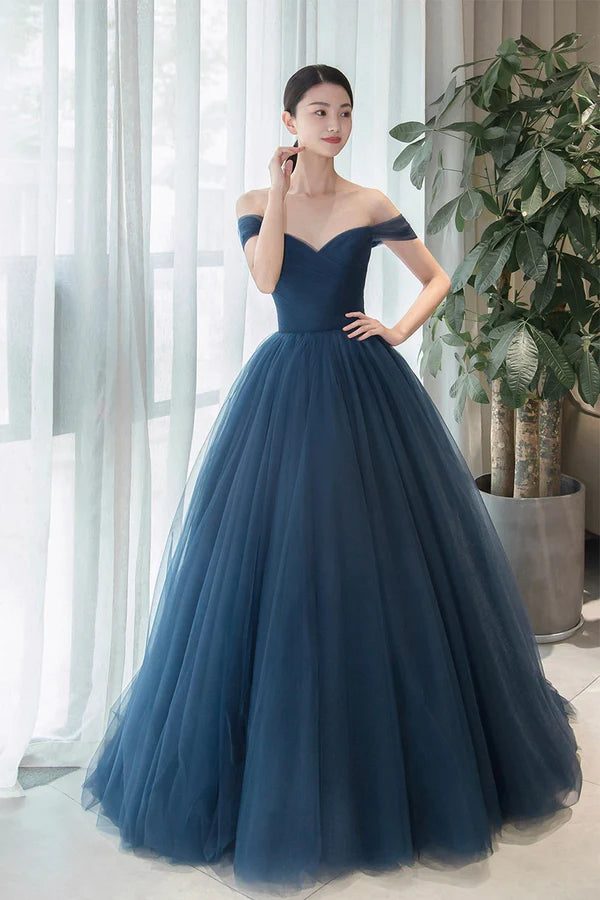 Elegant Tulle Long A-Line Prom Dress Blue Off the Shoulder Evening Dress