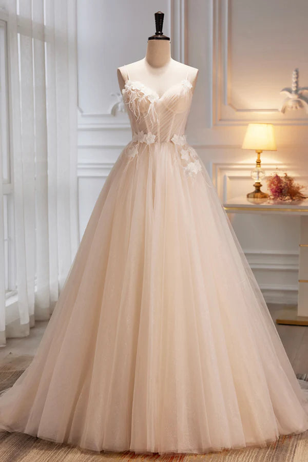Champagne Spaghetti Strap Tulle Formal Dress with Feathers Cute A-Line Evening Dress