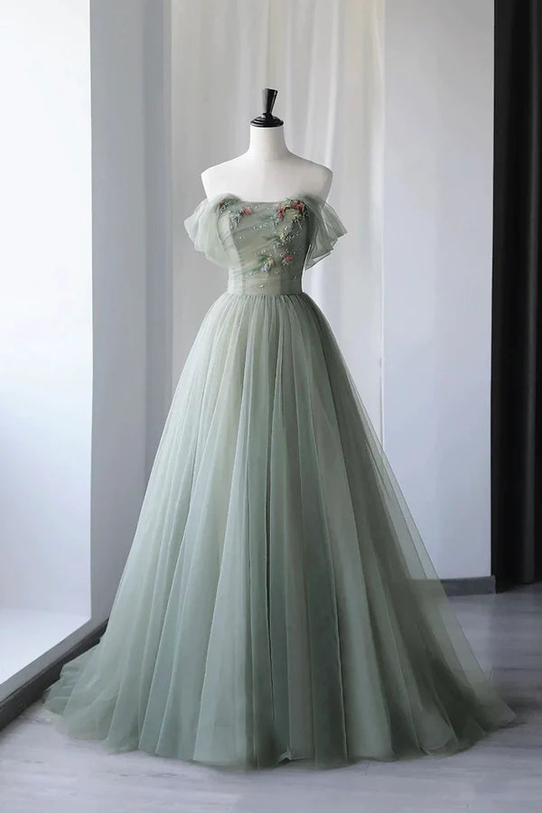 Gray Green Tulle Long Prom Dress Lovely Off Shoulder A-Line Evening Dress