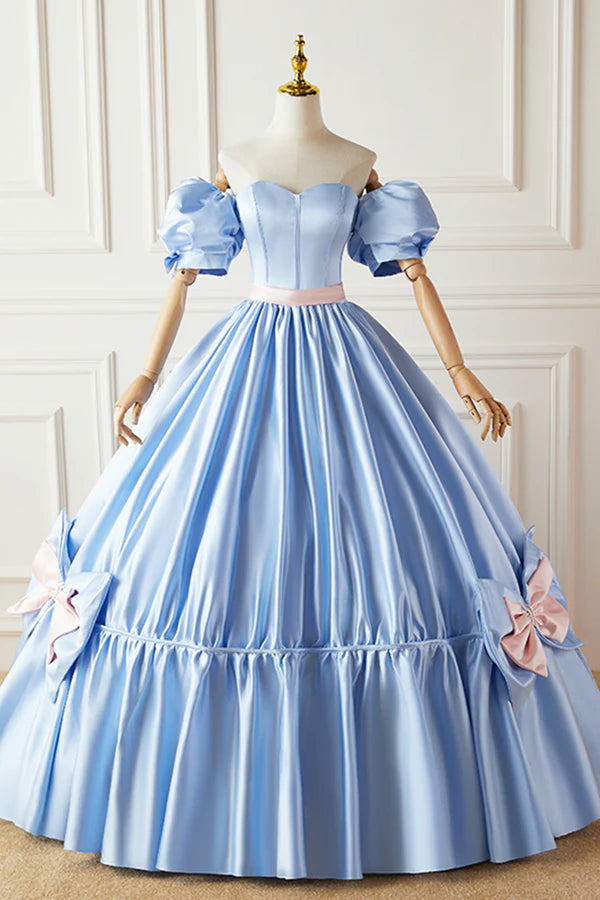 Blue Satin Long Princess Dress Lovely Short Sleeve Ball Gown Sweet 16 Dress
