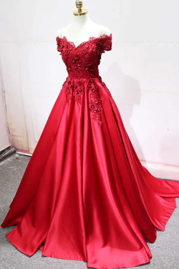 Red Satin Lace Long Prom Dress Off Shoulder Evening Party Dress