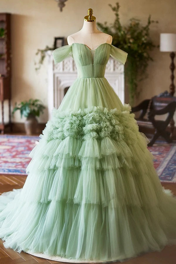 Green Off the Shoulder Tulle Layers Long Formal Dress Green Evening Party Dress