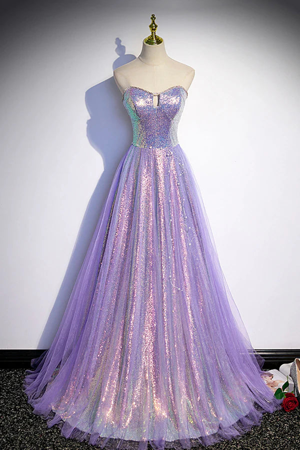 Purple Sequins Long A-Line Prom Dress Purple Strapless Evening Graduation Dress