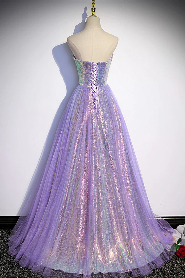 Purple Sequins Long A-Line Prom Dress Purple Strapless Evening Graduation Dress