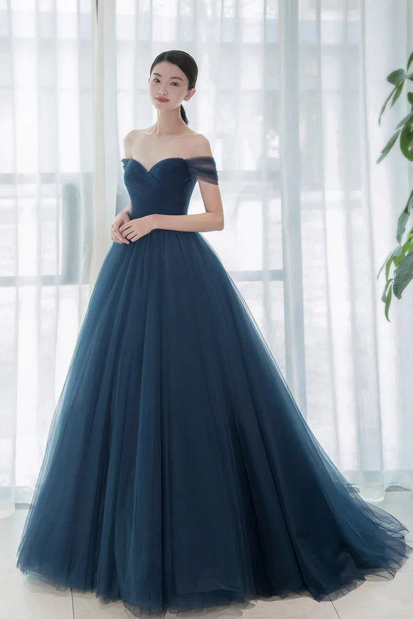 Elegant Tulle Long A-Line Prom Dress Blue Off the Shoulder Evening Dress