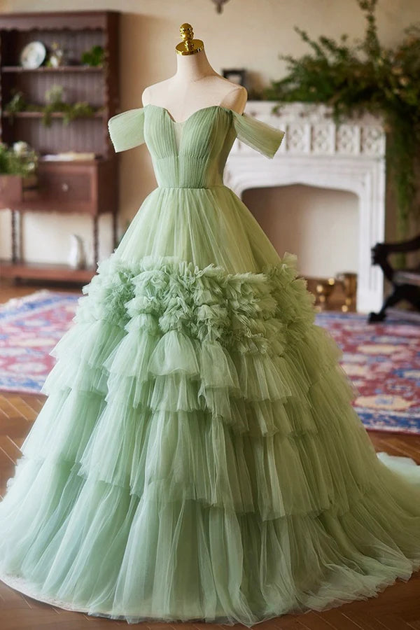 Green Off the Shoulder Tulle Layers Long Formal Dress Green Evening Party Dress