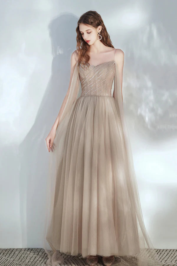 Champagne V-Neck Tulle Long Prom Dress with Beaded Beautiful A-Line Formal Dress