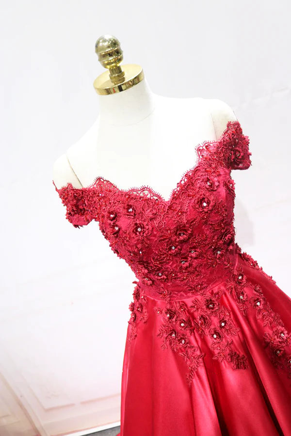 Red Satin Lace Long Prom Dress Off Shoulder Evening Party Dress