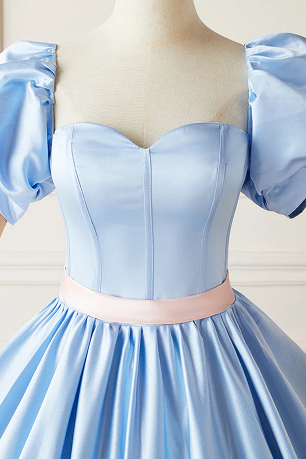 Blue Satin Long Princess Dress Lovely Short Sleeve Ball Gown Sweet 16 Dress