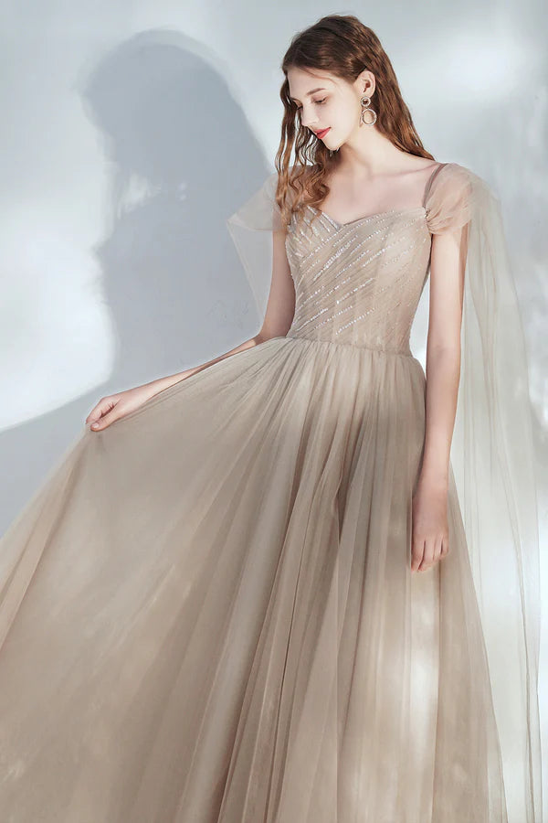 Champagne V-Neck Tulle Long Prom Dress with Beaded Beautiful A-Line Formal Dress