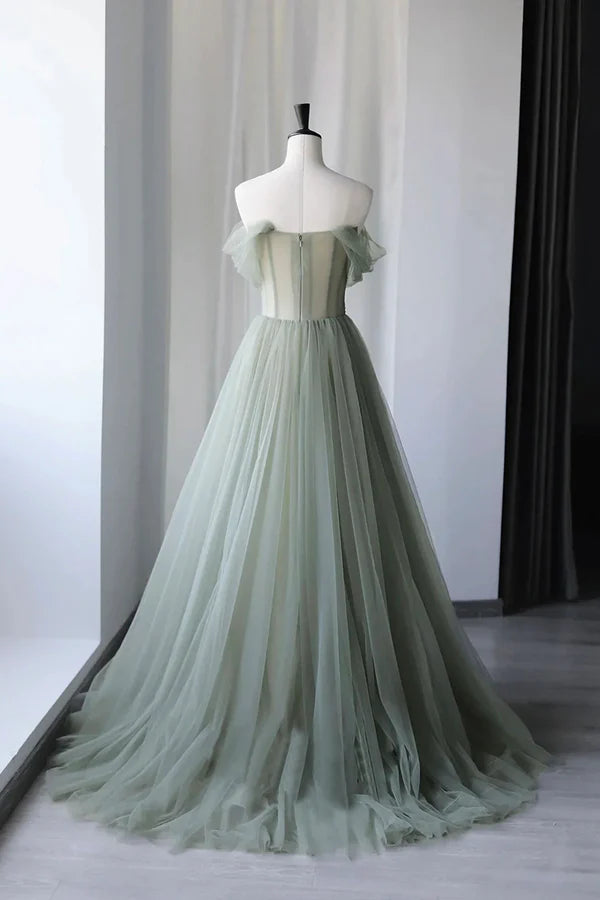 Gray Green Tulle Long Prom Dress Lovely Off Shoulder A-Line Evening Dress