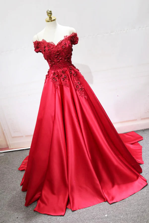 Red Satin Lace Long Prom Dress Off Shoulder Evening Party Dress