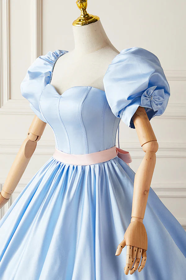 Blue Satin Long Princess Dress Lovely Short Sleeve Ball Gown Sweet 16 Dress