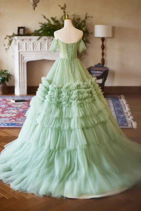 Green Off the Shoulder Tulle Layers Long Formal Dress Green Evening Party Dress