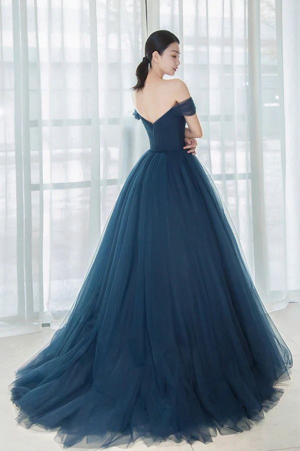 Elegant Tulle Long A-Line Prom Dress Blue Off the Shoulder Evening Dress