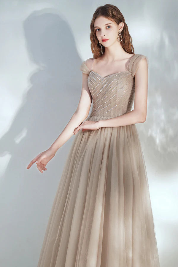 Champagne V-Neck Tulle Long Prom Dress with Beaded Beautiful A-Line Formal Dress