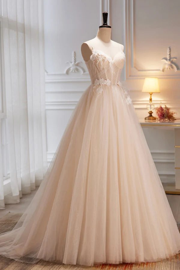Champagne Spaghetti Strap Tulle Formal Dress with Feathers Cute A-Line Evening Dress
