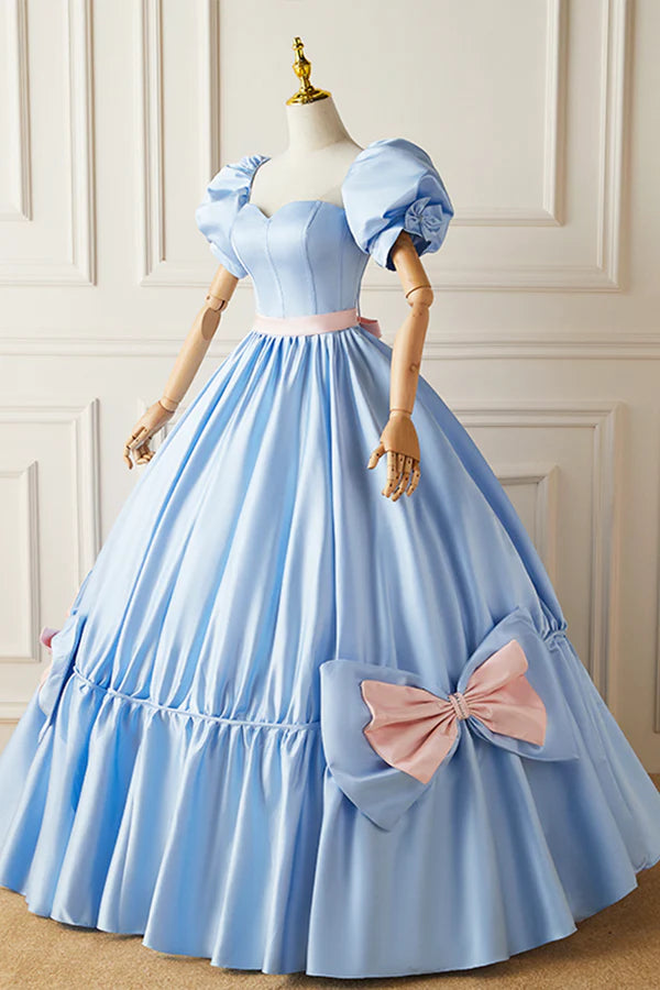 Blue Satin Long Princess Dress Lovely Short Sleeve Ball Gown Sweet 16 Dress