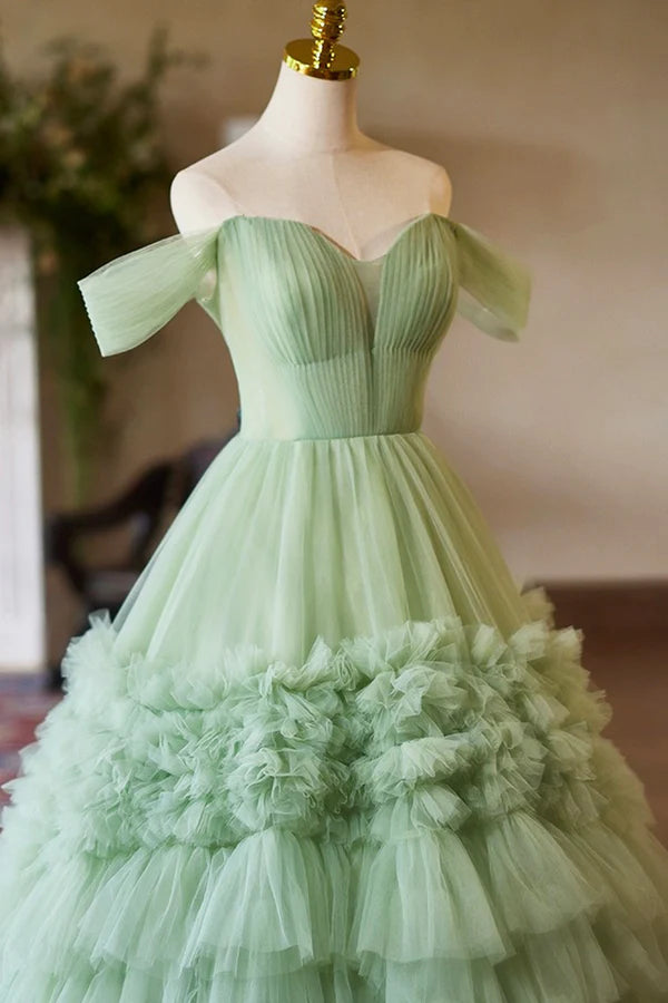 Green Off the Shoulder Tulle Layers Long Formal Dress Green Evening Party Dress