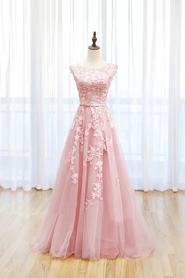 Pink Tulle Lace Long Prom Dress Lovely A-Line Open Back Evening Dress
