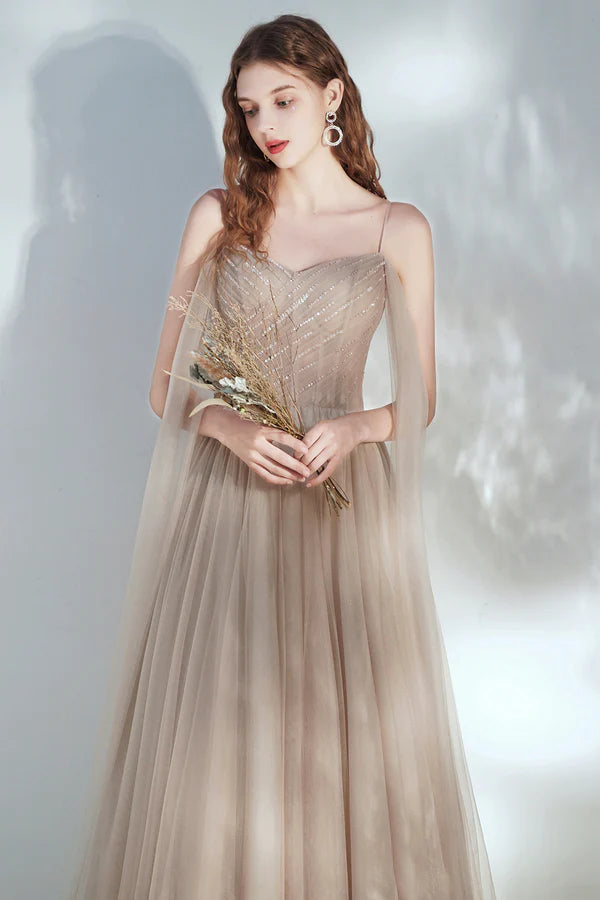 Champagne V-Neck Tulle Long Prom Dress with Beaded Beautiful A-Line Formal Dress