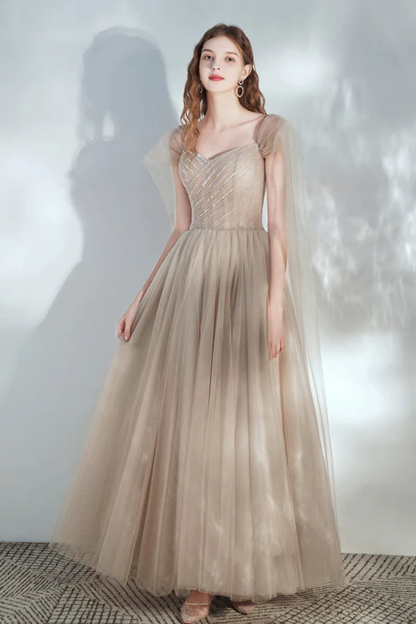 Champagne V-Neck Tulle Long Prom Dress with Beaded Beautiful A-Line Formal Dress