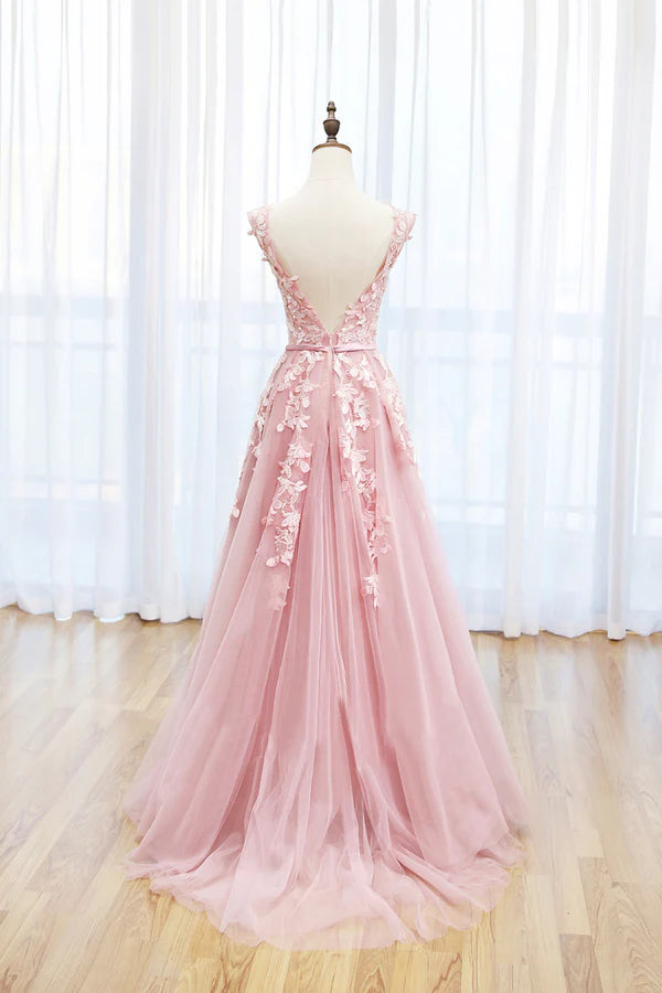 Pink Tulle Lace Long Prom Dress Lovely A-Line Open Back Evening Dress