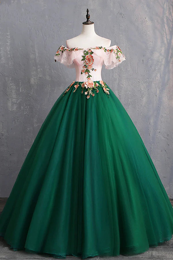 Green Tulle Lace Long Prom Dress Cute Off Shoulder Evening Dress Party Dress