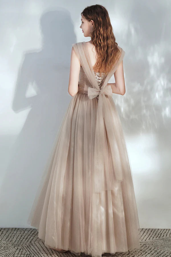 Champagne V-Neck Tulle Long Prom Dress with Beaded Beautiful A-Line Formal Dress