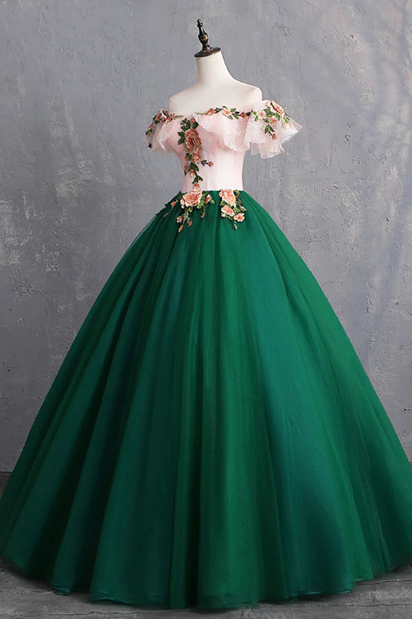 Green Tulle Lace Long Prom Dress Cute Off Shoulder Evening Dress Party Dress