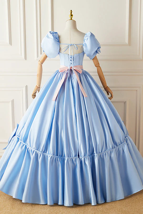 Blue Satin Long Princess Dress Lovely Short Sleeve Ball Gown Sweet 16 Dress