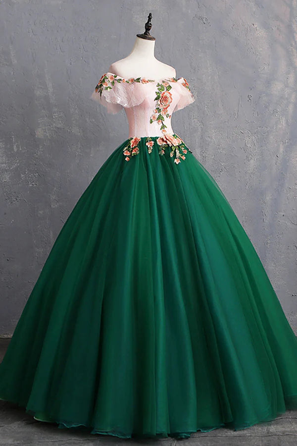 Green Tulle Lace Long Prom Dress Cute Off Shoulder Evening Dress Party Dress