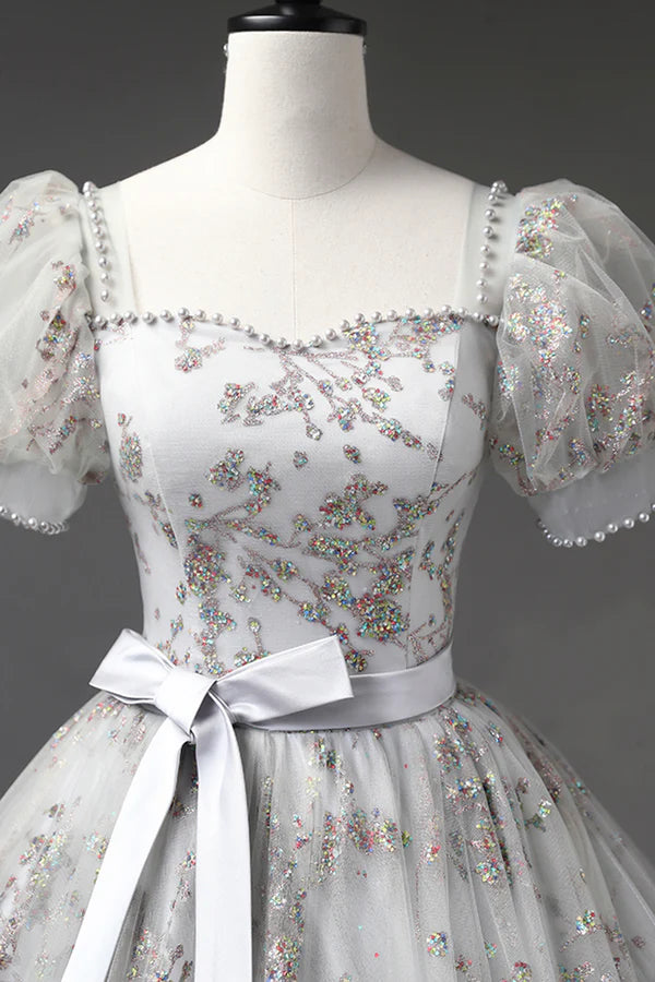 Gray Tulle Sequins Long Prom Dress A-Line Evening Party Dress