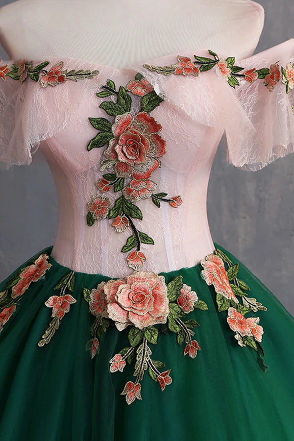 Green Tulle Lace Long Prom Dress Cute Off Shoulder Evening Dress Party Dress