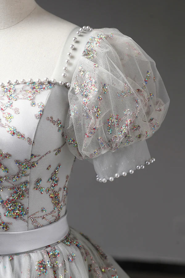 Gray Tulle Sequins Long Prom Dress A-Line Evening Party Dress