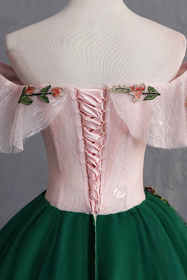 Green Tulle Lace Long Prom Dress Cute Off Shoulder Evening Dress Party Dress