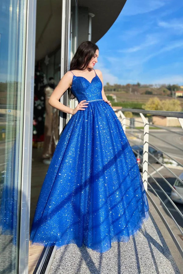 Blue Spaghetti Strap Tulle Long Prom Dress A-Line Blue Evening Party Dress