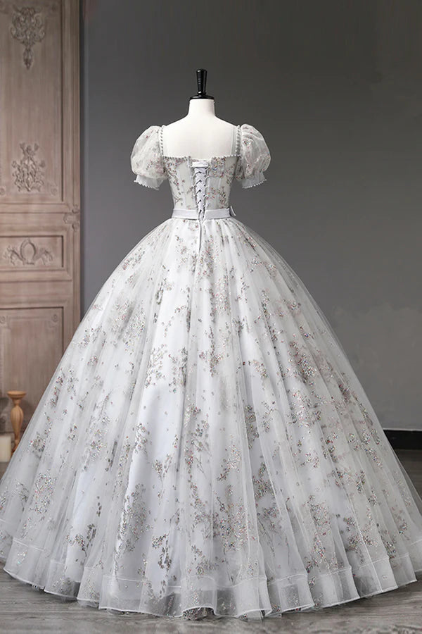 Gray Tulle Sequins Long Prom Dress A-Line Evening Party Dress