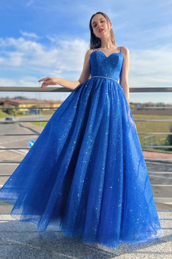 Blue Spaghetti Strap Tulle Long Prom Dress A-Line Blue Evening Party Dress