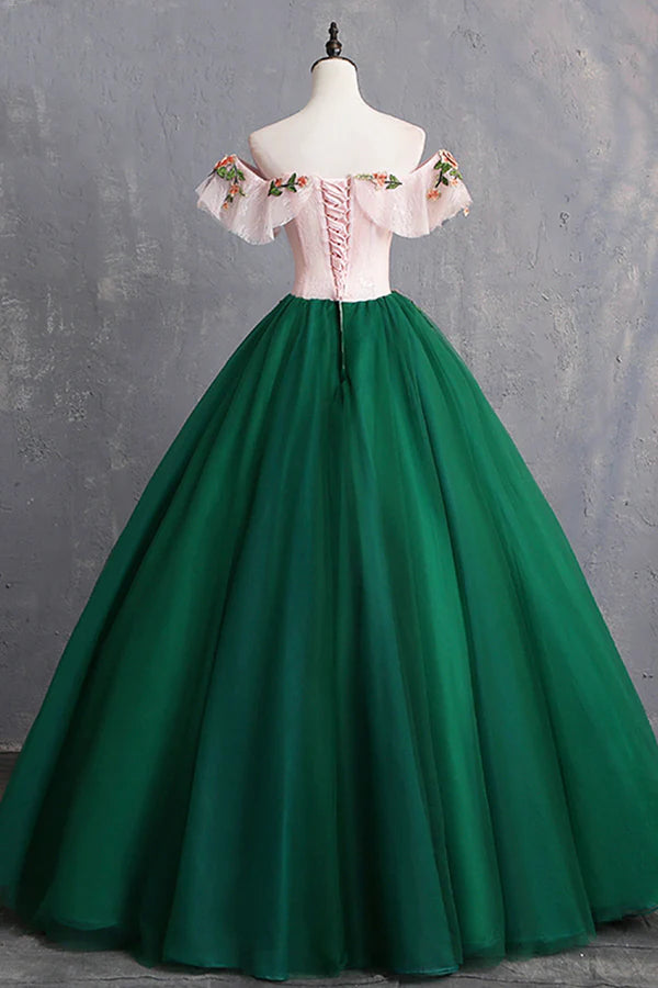 Green Tulle Lace Long Prom Dress Cute Off Shoulder Evening Dress Party Dress