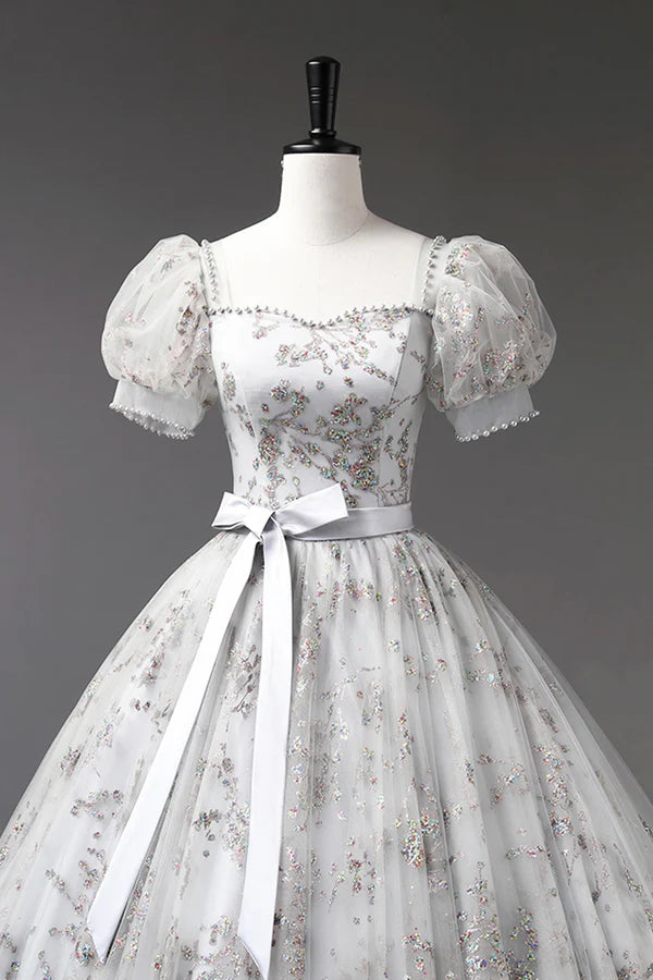 Gray Tulle Sequins Long Prom Dress A-Line Evening Party Dress