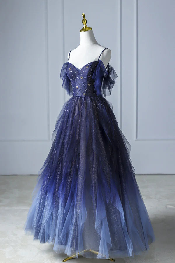 Blue Gradient Tulle Long Prom Dress Beautiful Spaghetti Strap Evening Dress